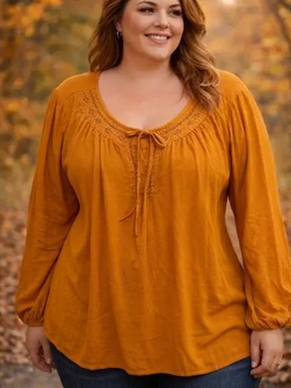 Lane Bryant Embroidered Peasant Top Womens Size 22/24 Mustard Pumpkin Blouse 3X